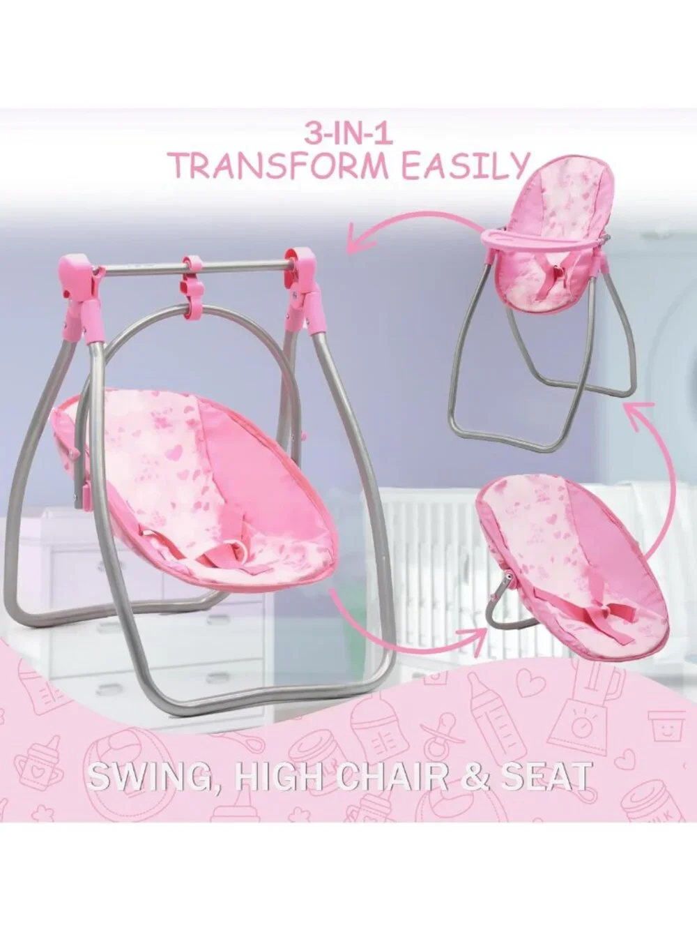 Deluxe Baby Doll Stroller, Swing & High Chair Playset with Diaper Bag